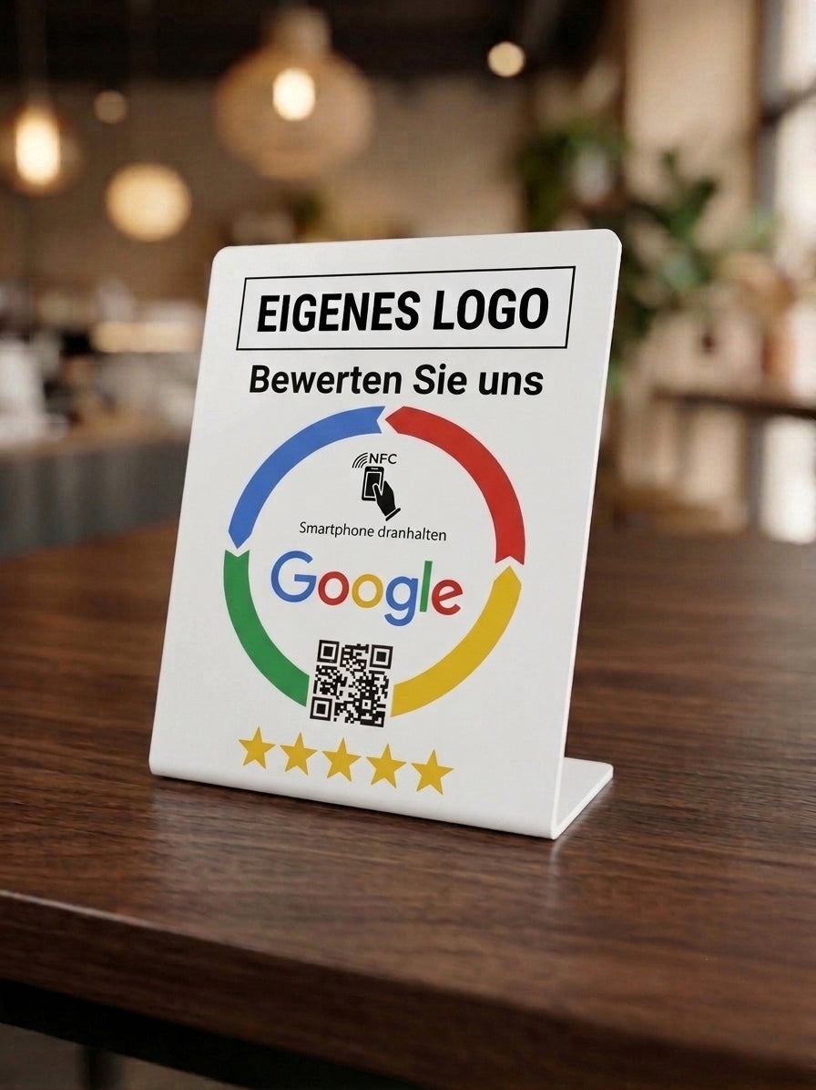 Google Bewertungen NFC Aufsteller mit Logo-Gravur Weiß von hodii