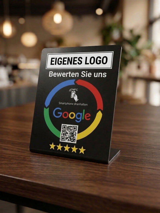 Google Bewertungen NFC Aufsteller mit Logo-Gravur Schwarz von hodii