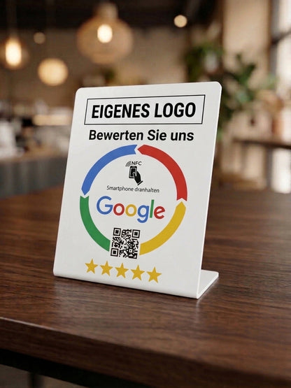 Google Bewertungen NFC Aufsteller mit Logo-Gravur Weiß von hodii